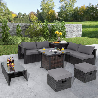 9 Pieces Patio Furniture Set with 32” Fire Pit Table and 50000 BTU Square Propane Fire Pit