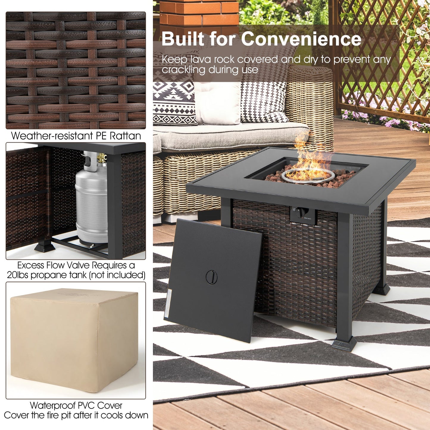 9 Pieces Patio Furniture Set with 32” Fire Pit Table and 50000 BTU Square Propane Fire Pit