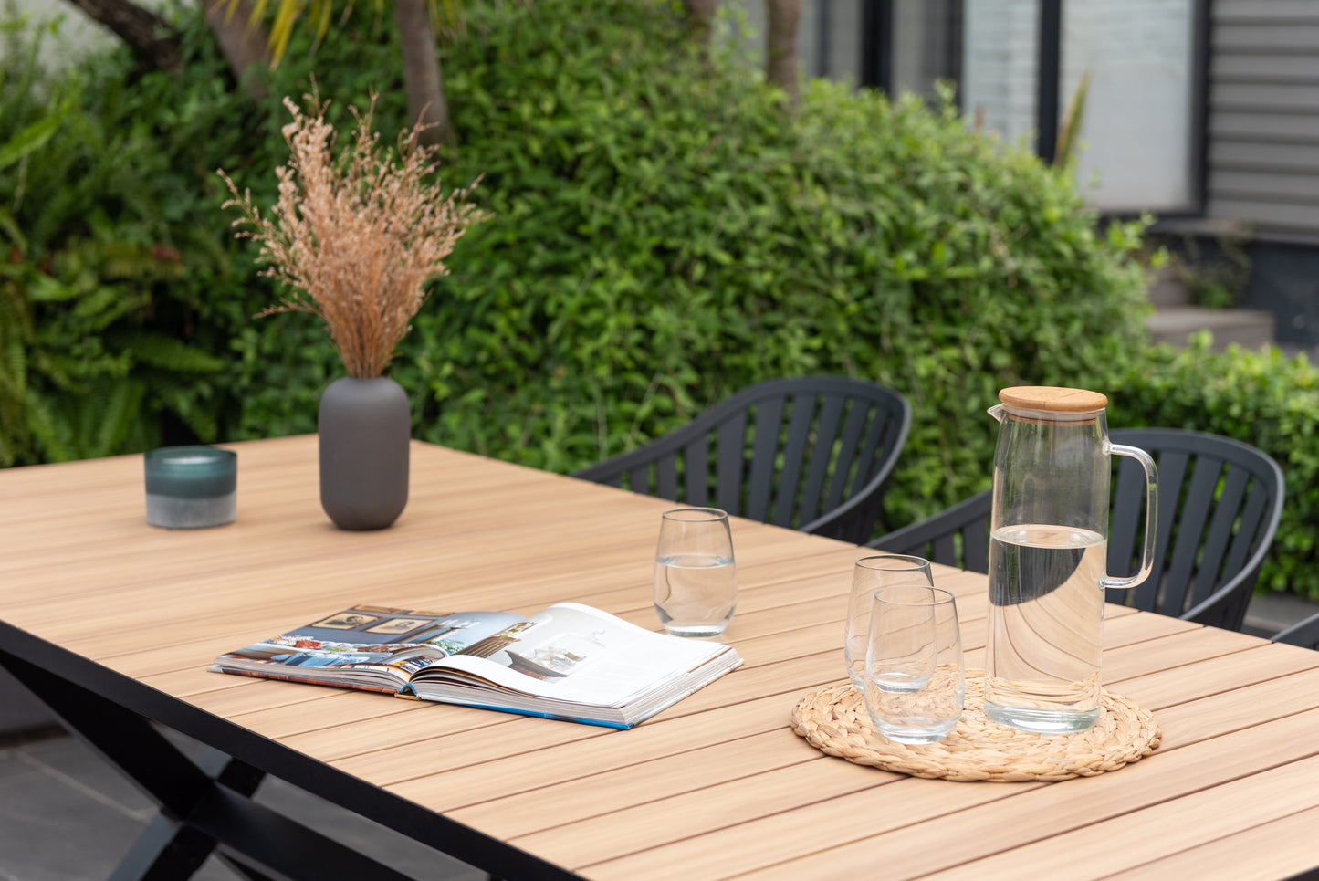 Panama Dark Rectangular Table and 6 Nassau Black Aluminum