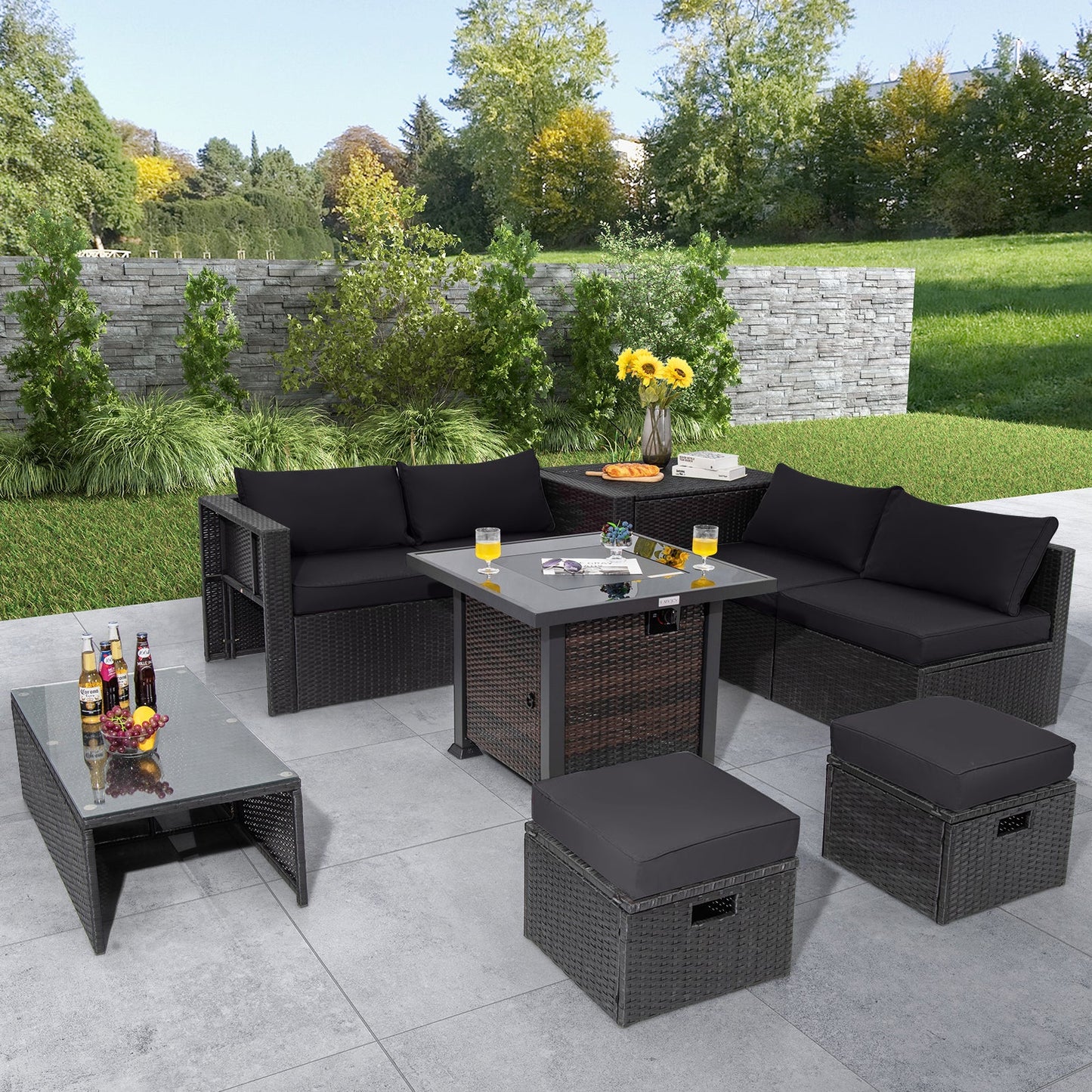 9 Pieces Patio Furniture Set with 32‚Äù Fire Pit Table and 50000 BTU Square Propane Fire Pit