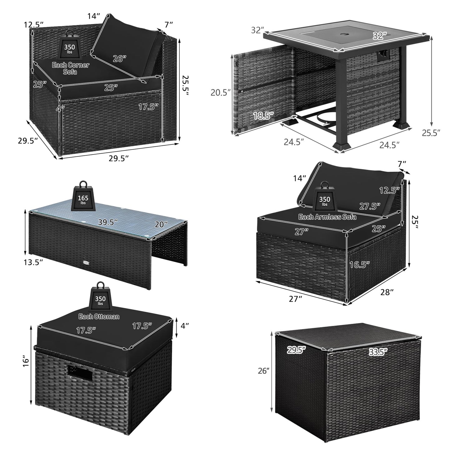 9 Pieces Patio Furniture Set with 32‚Äù Fire Pit Table and 50000 BTU Square Propane Fire Pit