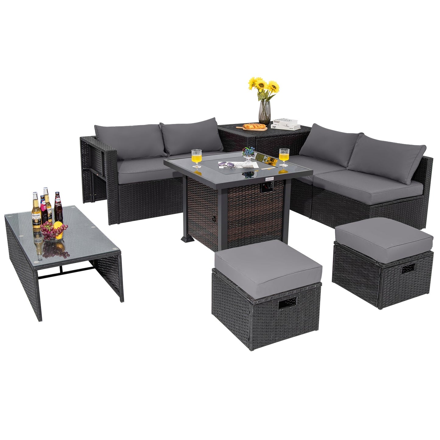 9 Pieces Patio Furniture Set with 32‚Äù Fire Pit Table and 50000 BTU Square Propane Fire Pit