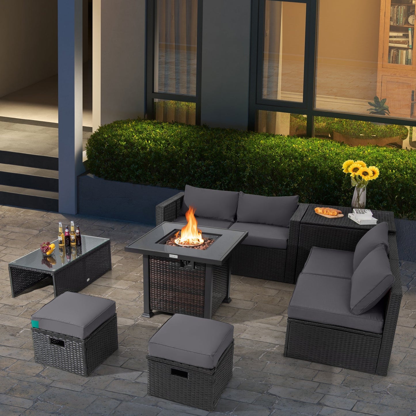 9 Pieces Patio Furniture Set with 32‚Äù Fire Pit Table and 50000 BTU Square Propane Fire Pit