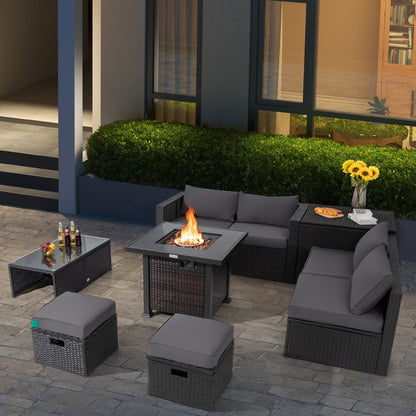9 Pieces Patio Furniture Set with 32‚Äù Fire Pit Table and 50000 BTU Square Propane Fire Pit