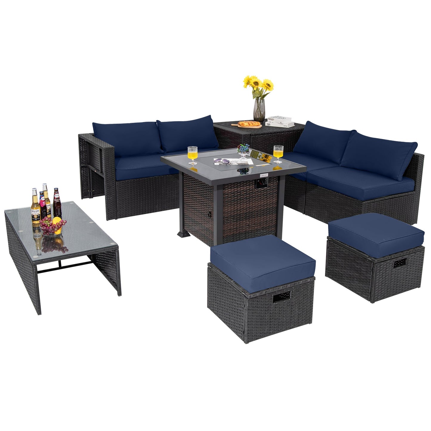 9 Pieces Patio Furniture Set with 32‚Äù Fire Pit Table and 50000 BTU Square Propane Fire Pit